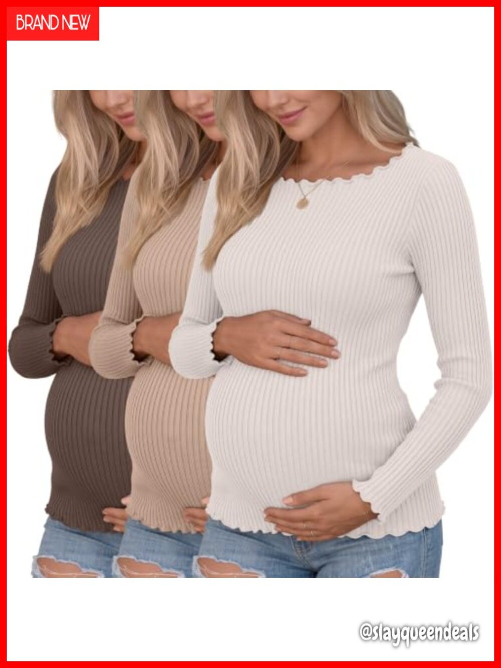Maternity Long Sleeve T-Shirt 3 Pack Cotton Spandex Boat Neck Slim Fit